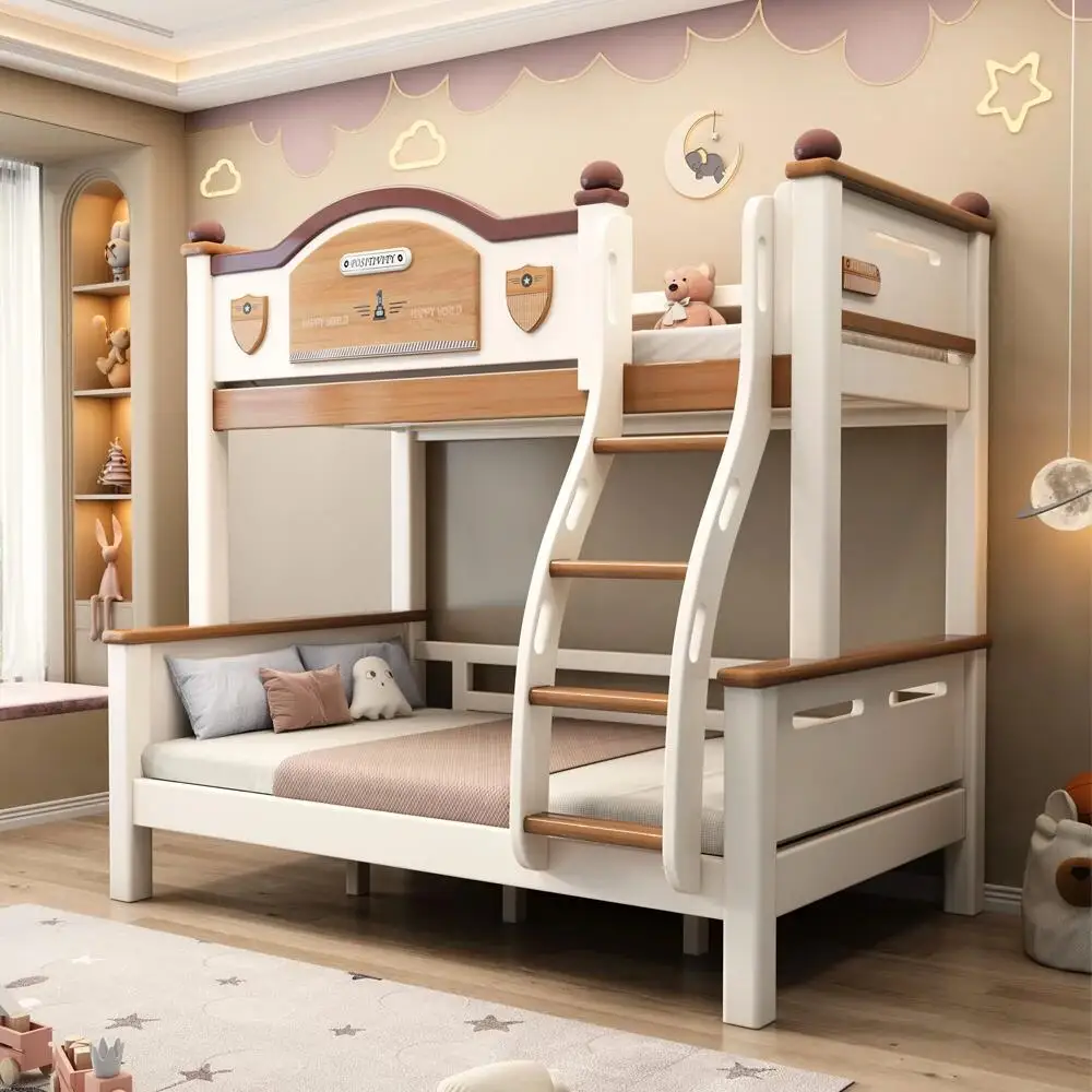 Space-Saving Solid Wood Bunk Bed A practical choice for bedrooms this high and low bunk bed features a two-story combination des