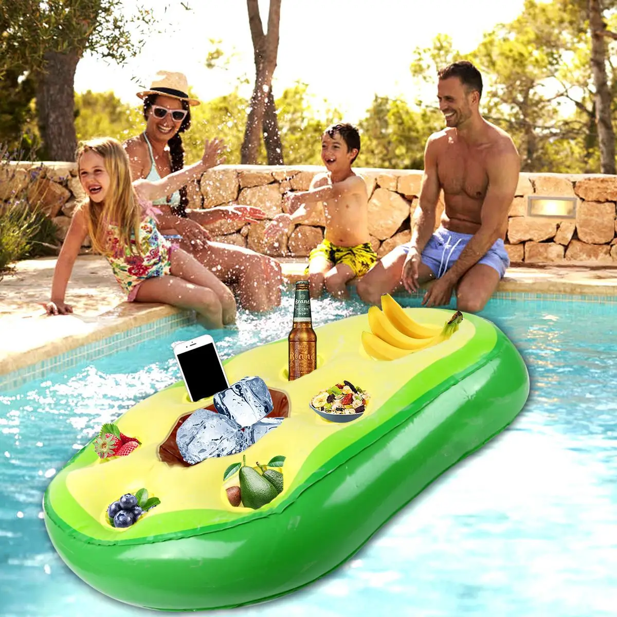 OEM Avocado Inflatable Floating Pool Bar Blow Up Drink Cup Holder Ice Bar Summer Party PVC Floating Food Tray Beach Bar Float