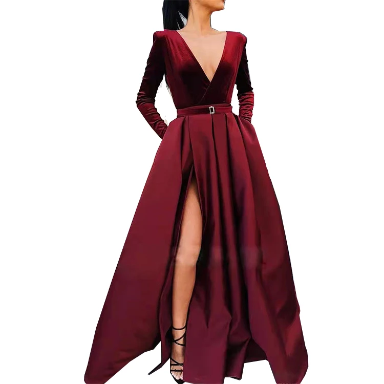 Fall Fashion Long Sleeve Deep V Neck Burgundy Dress Woman Evening Velvet Dress