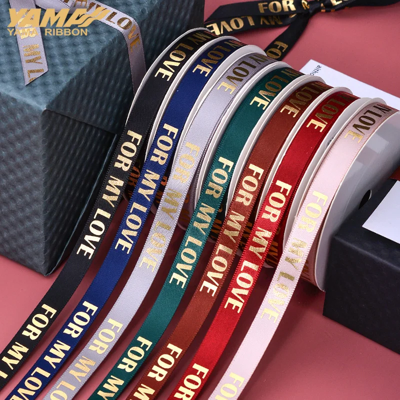 Ribest Customize Polyester Foil Gold Printed Satin Ribbon For Gift Packing Box 9MM