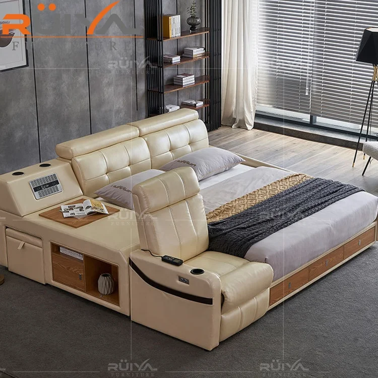Ruiya Furniture factory direct sale modern Multifunctional smart bed tatami leather king bed with recliner chair