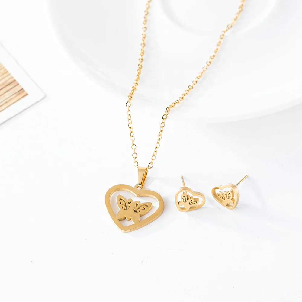  New Gold Plated Butterfly Heart Necklace Earrings for Women Girl Various Styles Stainless Steel ecg windmill Jewelry Set