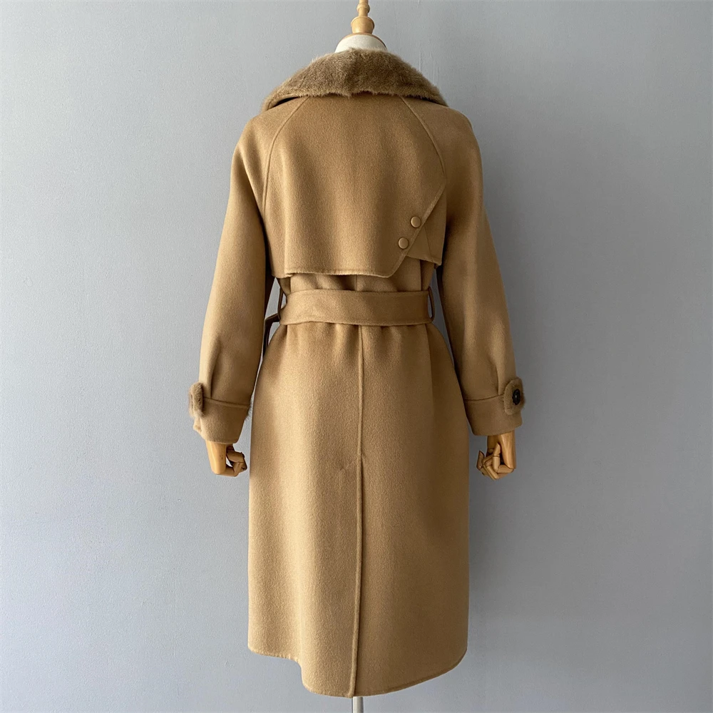 Soft Warm Slim Fit Long Style Double Faced Cashmere Coat Belt Luxury Women Winter Custom Logo Real Mink Fur Coat 100% Wool