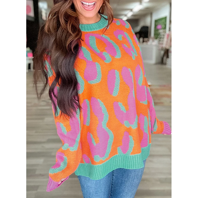 Dear-Lover Wholesale High Quality Women Winter Clothing Fashion Leopard Colorblock Ribbed Edge Knitted Sweater