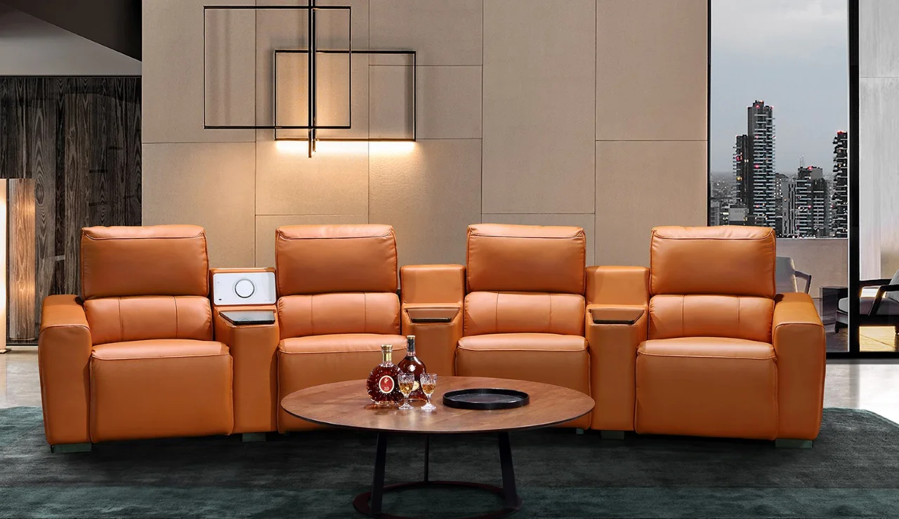  Home theatre System console and speaker with wireless charging motion power recliner cow leather materials
