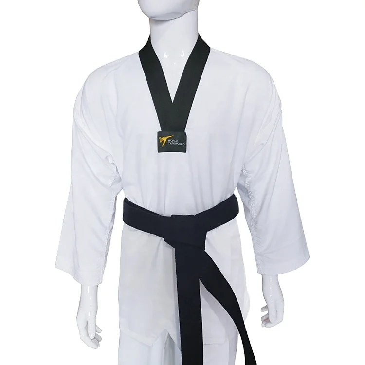 Hot sale polyester white durable black color v neck martial arts uniform master taekwondo dobok