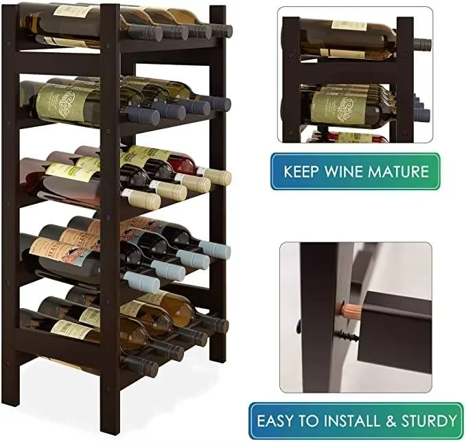 20 Bottles and 5 Tiers Bamboo Wine Rack Easy Assemble Free Standing Bar Glass Wine Storage Shelves for Kitchen  Pantry