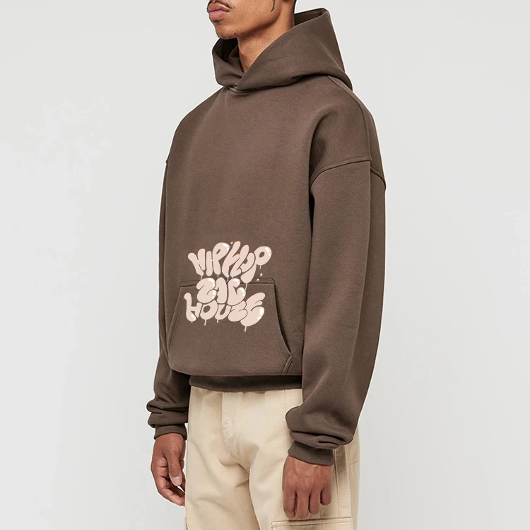 Oversized Box Fit Cropped Puff print Graphic 600G Cotton Fleece Stone wash Black Hoodie Cut and Sew Manufacturing Company