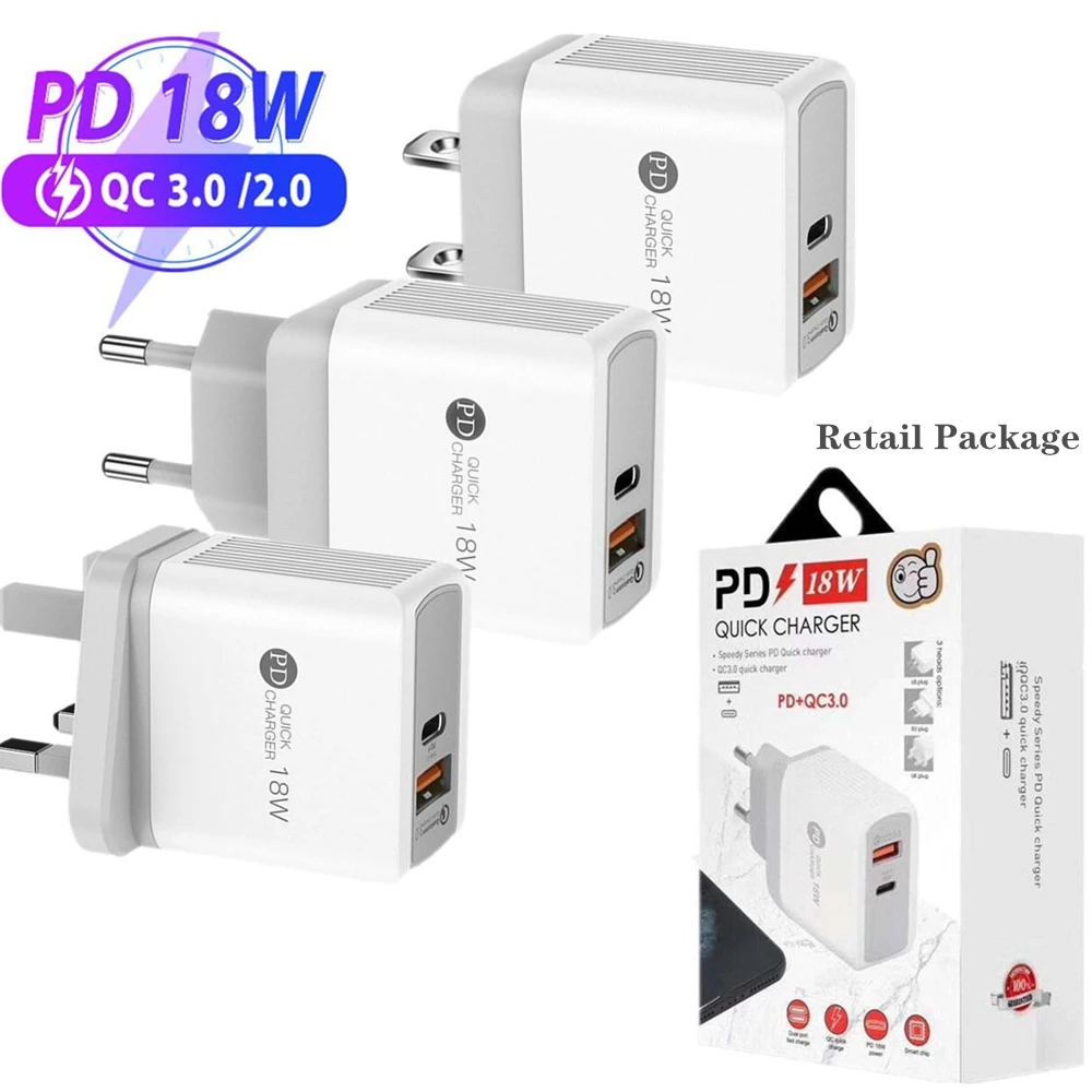 
18W PD QC3.0 USB C Charger Fast Charging Wall Power Adapter EU UK US Plug for iPhone Xiaomi Note Samsung 