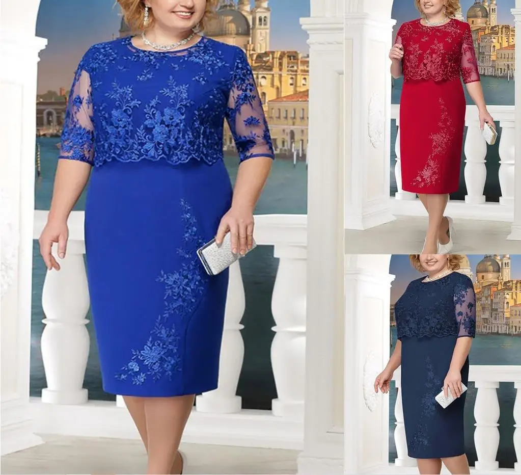 KQ1825 Fat Ladies Plus Size Womens Dresses Fake Two Pieces Half Sleeve Slim Sexy Party Dress Vestido Ladies Summer Dress 2022