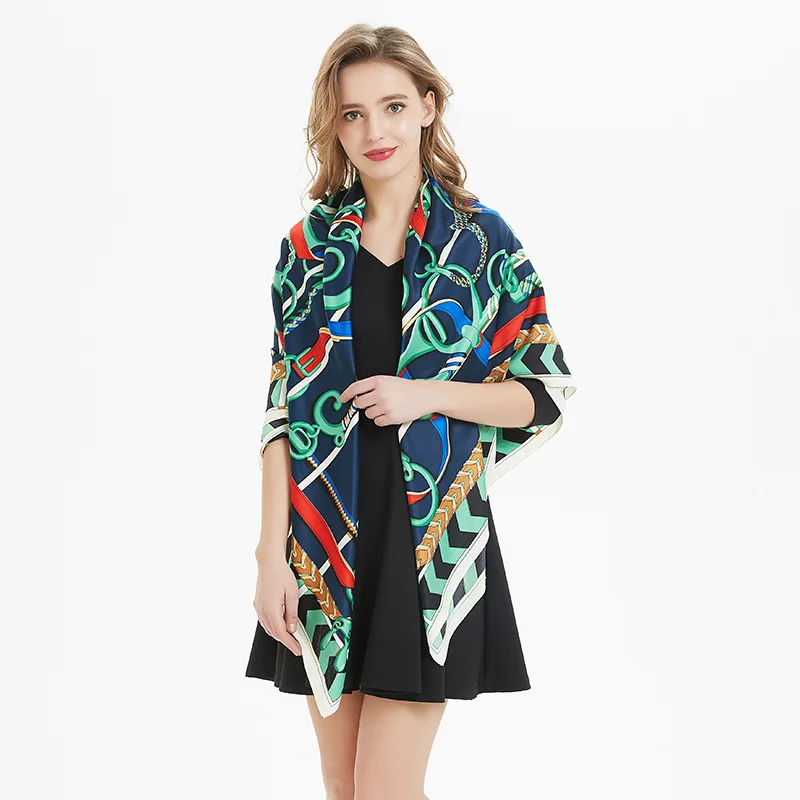 Spring new silk scarf ladies saddle belt 130cm twill faux silk print square scarf shawl