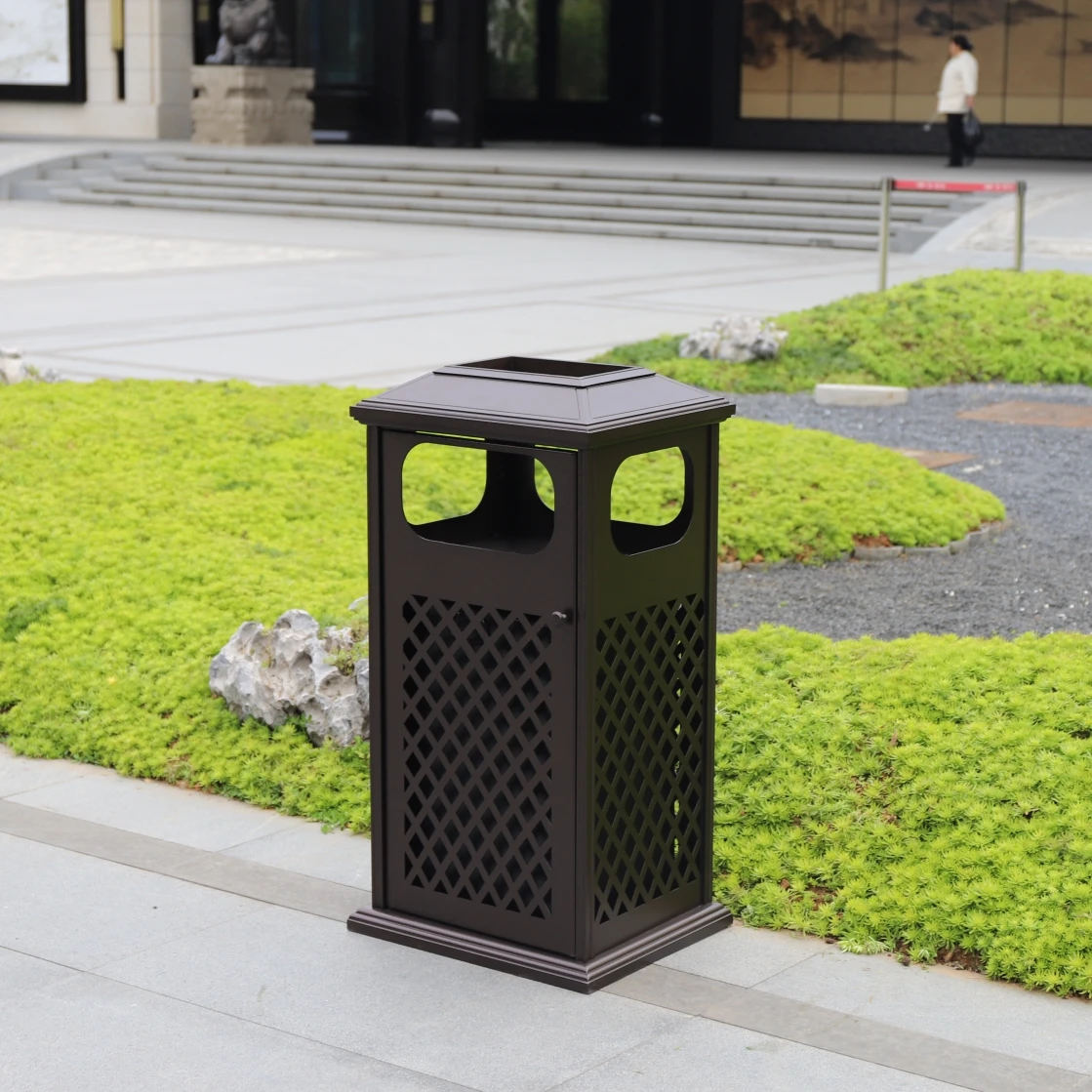 Cast Aluminum litter bin for garden outdoor trash can with ashtray single metal bin for street garbage bin