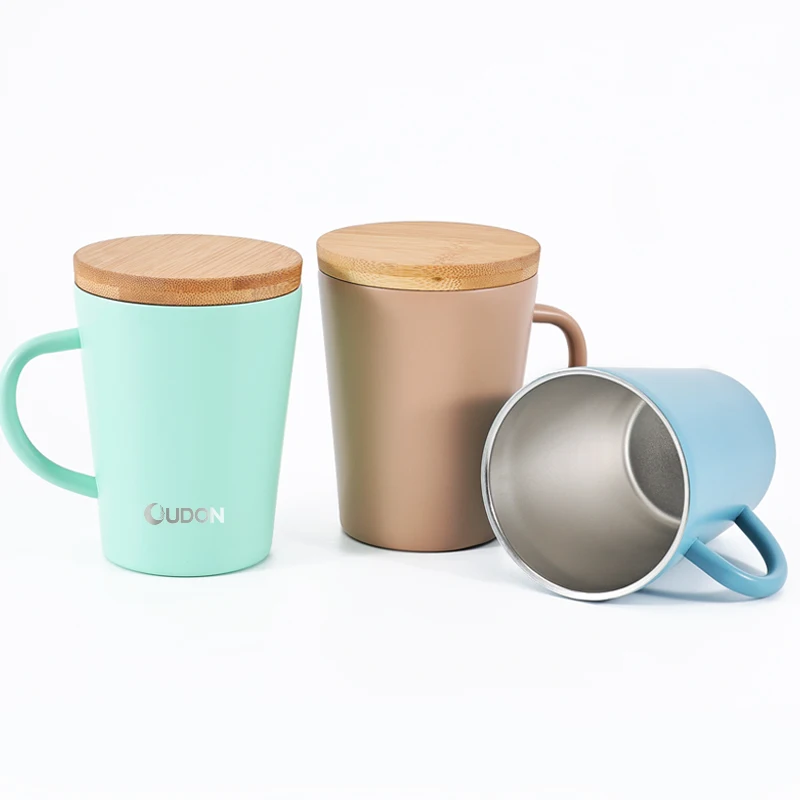 350ml 12oz Stainless Steel Double Wall Coffee Mug Bamboo Lid Insulated Camp Cup