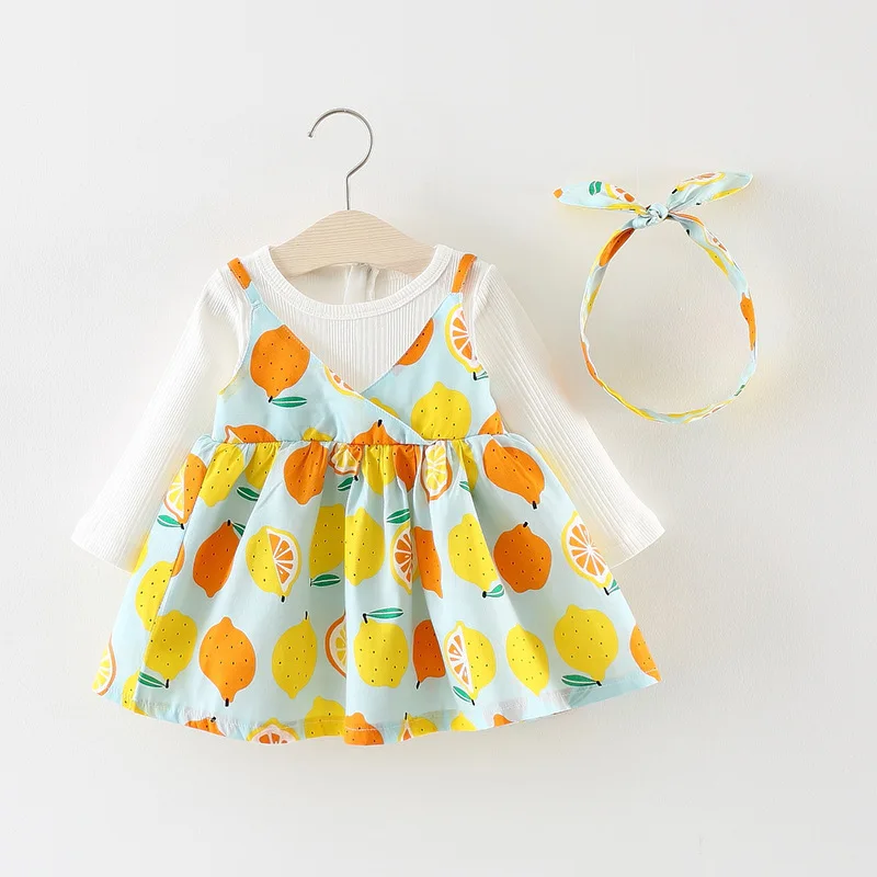 2 piece/set  Kids lemon printing suspender Dress patchwork baby solid cotton top shirt + headband Girls Smocked Dresses