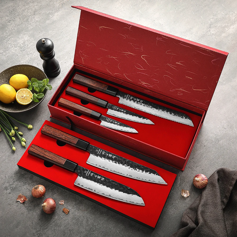 New 5Pcs Professional Kitchen Knife Set 10cr Core Stainless Steel Natural Red Wood Buffalo Horn Japanese Knives Gift