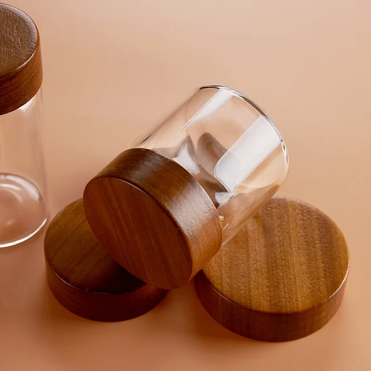 Wholesale Diameter 47mm Glass Bottles with Acacia Wood Lid  for Sample Sub Bottle Storage Bottles Jars