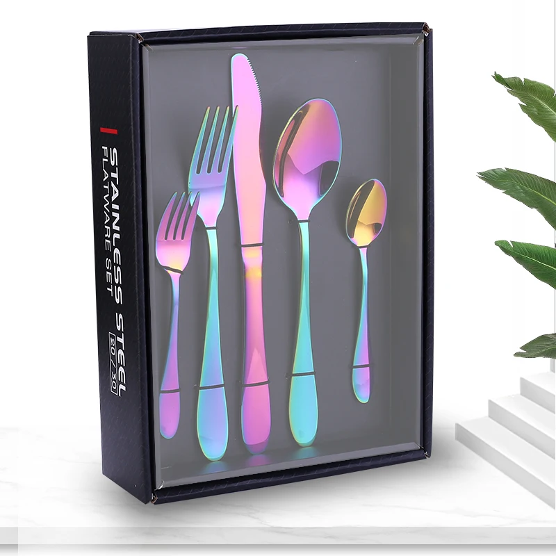 
Stainless Steel Steak Knife Fork Tea Spoon 20/30pcs Gold Black Rose Gold Rainbow Silverware Flatware Cutlery Set 