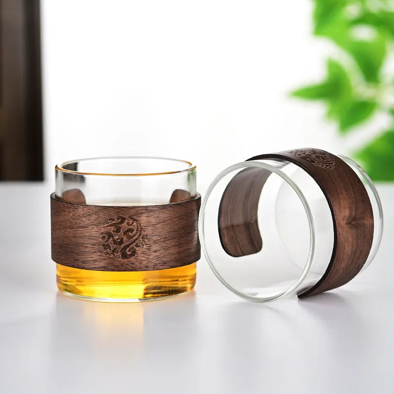 Hot Sale New Style 150ml Smoke Grey Glassware High Borosilicate Colored Glass Tea Cups With Wooden Handle