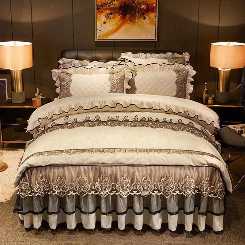 European Mattress Cover Bed Skirt Bedspread Princess Bedding Ruffled Velvet Lace Embossed Pattern-S Quilted Bed Cover