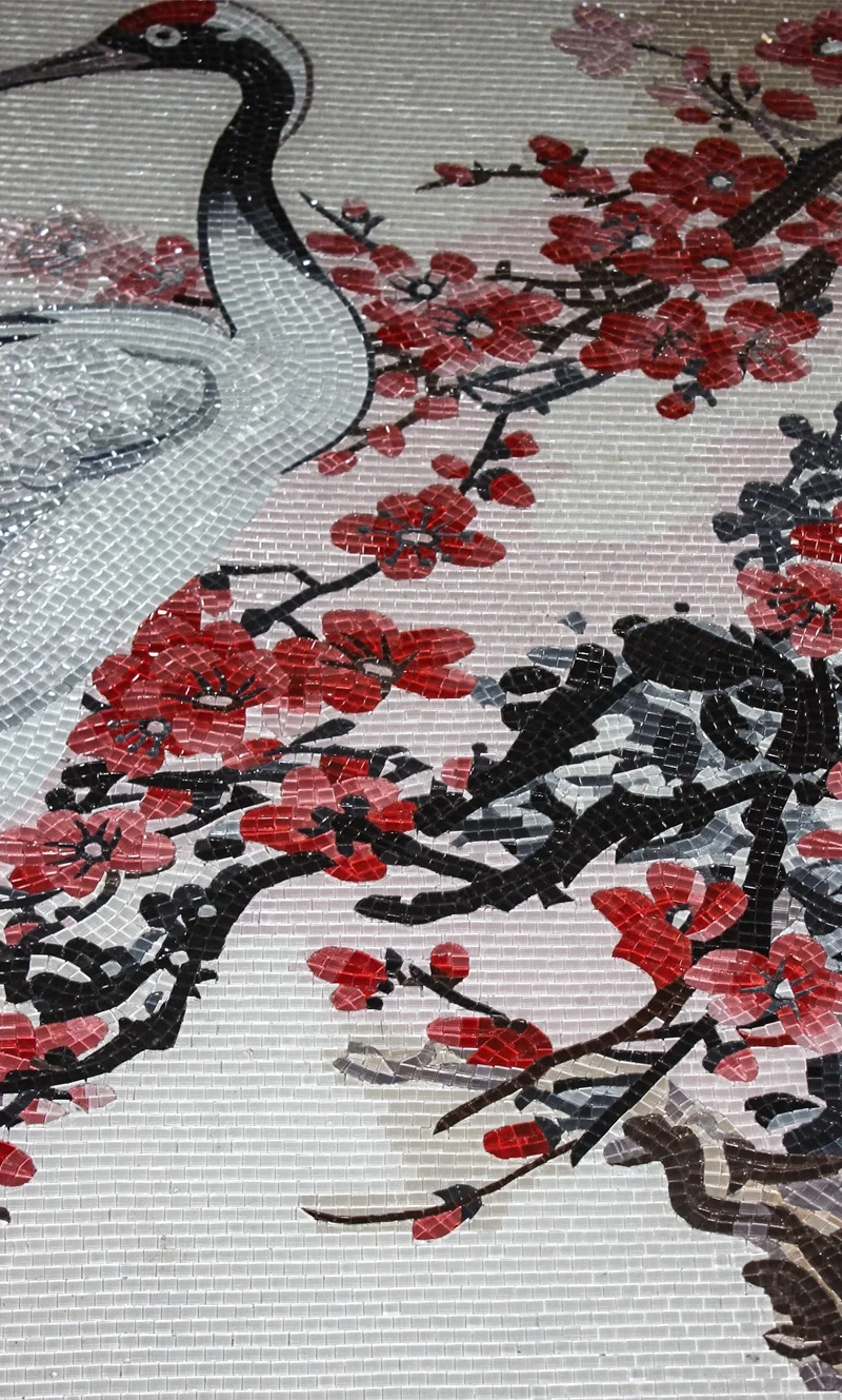 Factory chinese style Red-crowned crane flower glass tile mosaic mural patterns ceramic pieces for mosaics for decoration