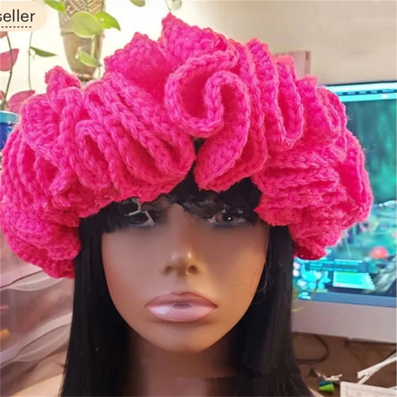 IDOIT Women Crochet Bucket Hats Y2k Fashion Knit Soft Fluffy Chunky Multicolor Crochet Pleated Ruffles Knitted Hat