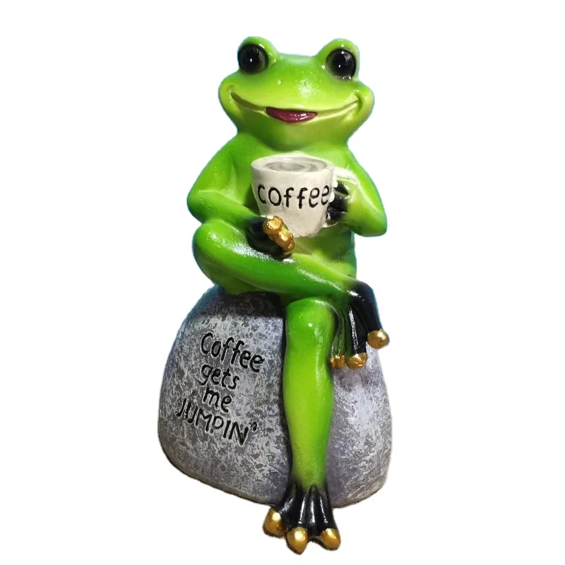 2022 NEW ITEM CREATIVE ARTIFICIAL RESIN ANIMAL CUTE FROG SITTING ON STONE DRINKING COFFEE OUTDOOR GARDEN YARD DECORATIVE STATUE