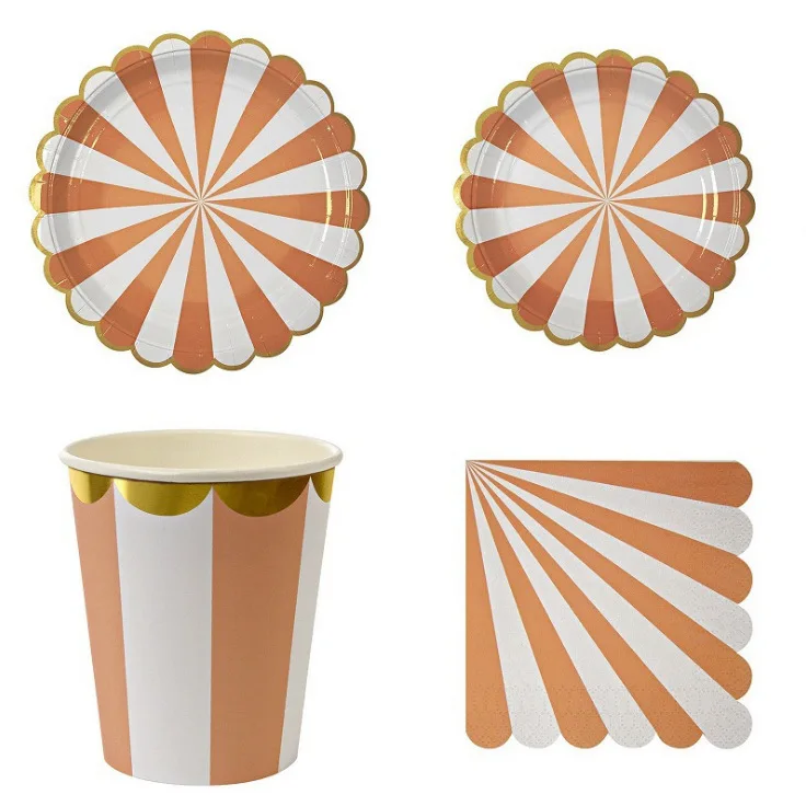 New hot stamping disc striped paper plate set high-end disposable tableware paper cup afternoon tea cake saucer
