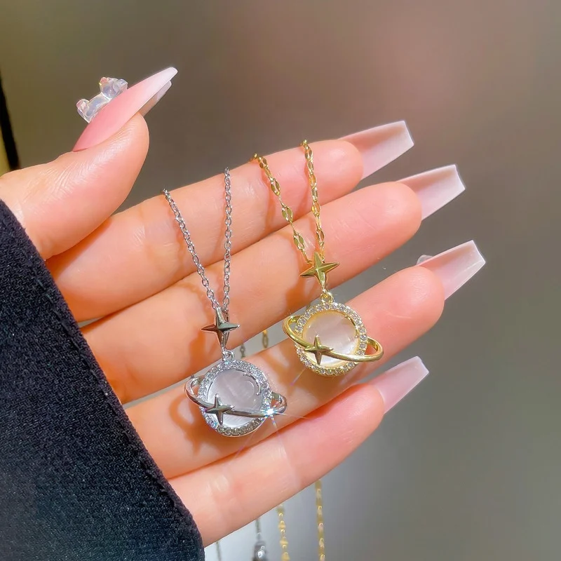 Dainty Cat Eye Opal Choker Necklace Women Stainless Steel Moon Star Planet Pendant Necklace Shopify Dropshipping Products 2024