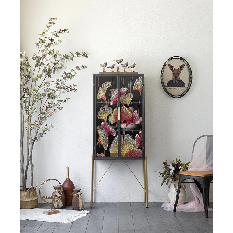 Light Luxury Style Nordic Modern Accent Buffet Cabinets Glass Doors Hand Painted Sideboard