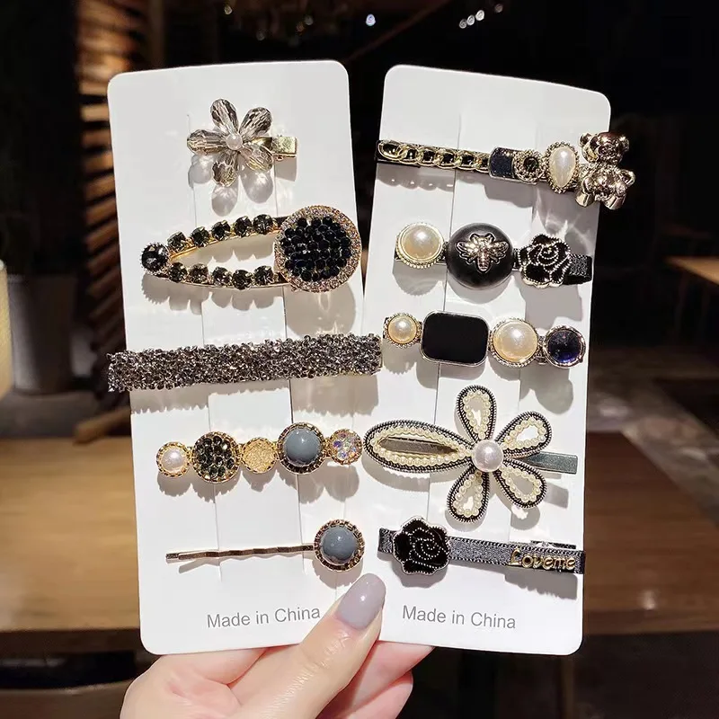 2023 Retro Hairpin Set One-word Clip Duck Clip woman lady girl Crystal Diamond Flower Bear Metal hairgrips Set