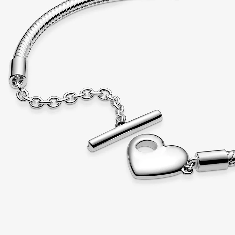 Charms 925 Sterling Solid Silver Bracelet Heart T-Bar Cuff Chain Sparkling Blue Disc Clasp Snake Chain Bracelet Women Jewelry