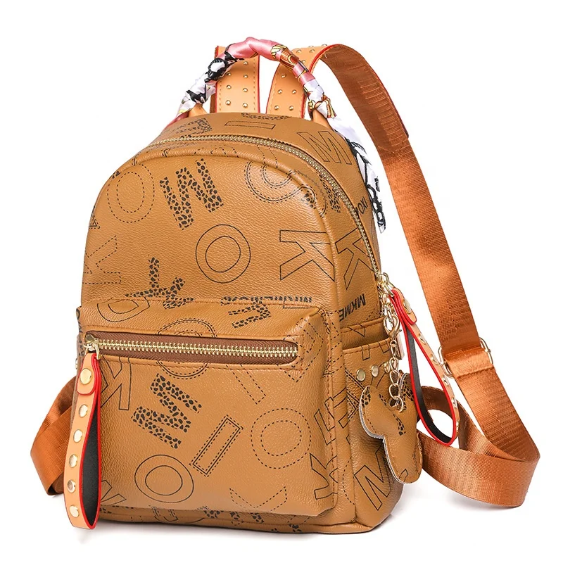 Wholesale Female PU Leather Backpacks Pure Color Letter-Print Travel Backpack Silk Scarf Wrapped Handle College Girls Bags