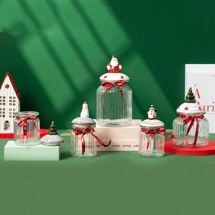 Креативная кухонная Стеклянная банка для хранения продуктов пищевые контейнеры с керамической рождественской фигуркой крышки макаронных изделий печенья орехов кофейных зерен