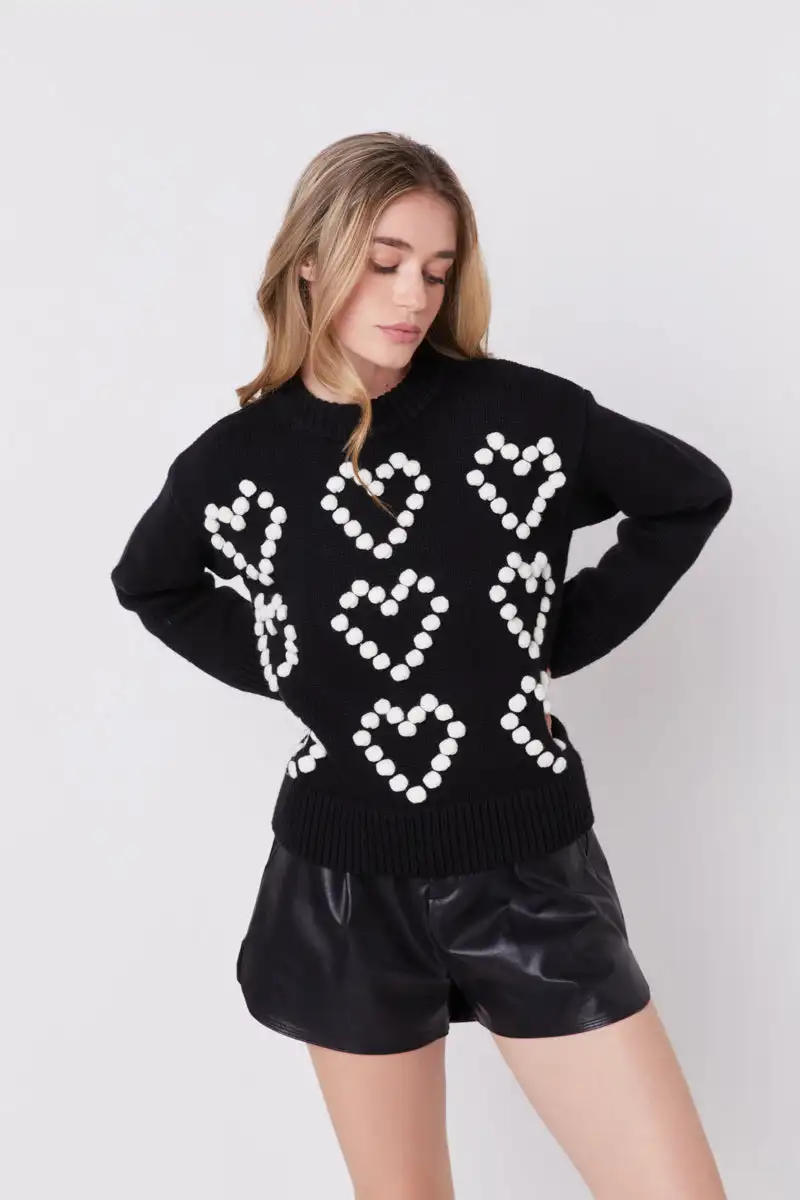 WINGTU Custom Private Label 3D Flower V Neck Pearl Pompom Heart Pattern Mock Sweater For Women