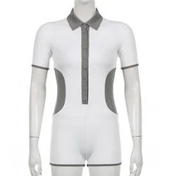 Simple Type Bibbed Bodycon Jumpsuit With Short Sleeves Polo Collar One Piece Shorts Jumpsuit