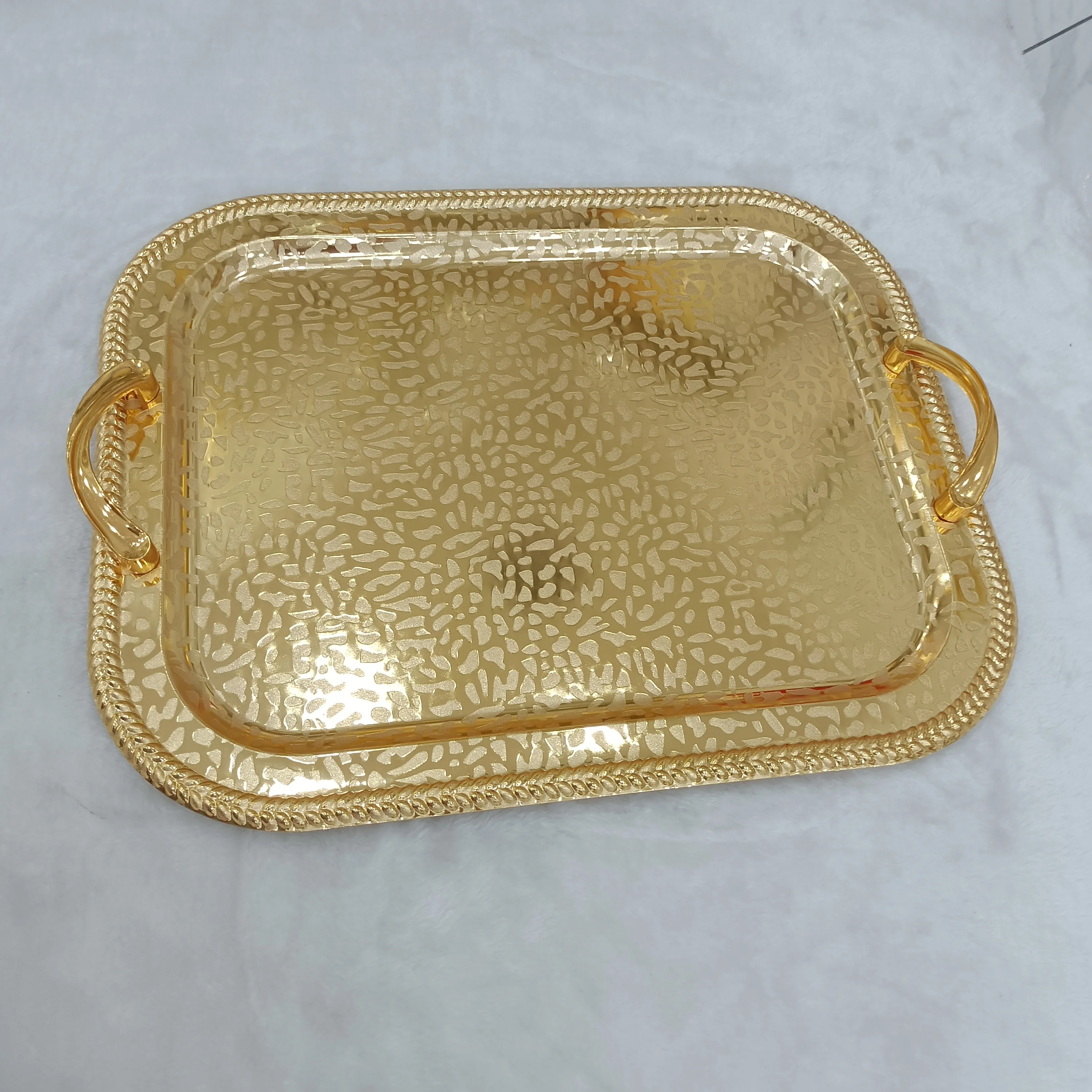 2024 Ramada Oval 3pcs Stainless Steel Metal Plateau Tray Set Tea Serving Arabic Middle East Mirror Gold Trays Set