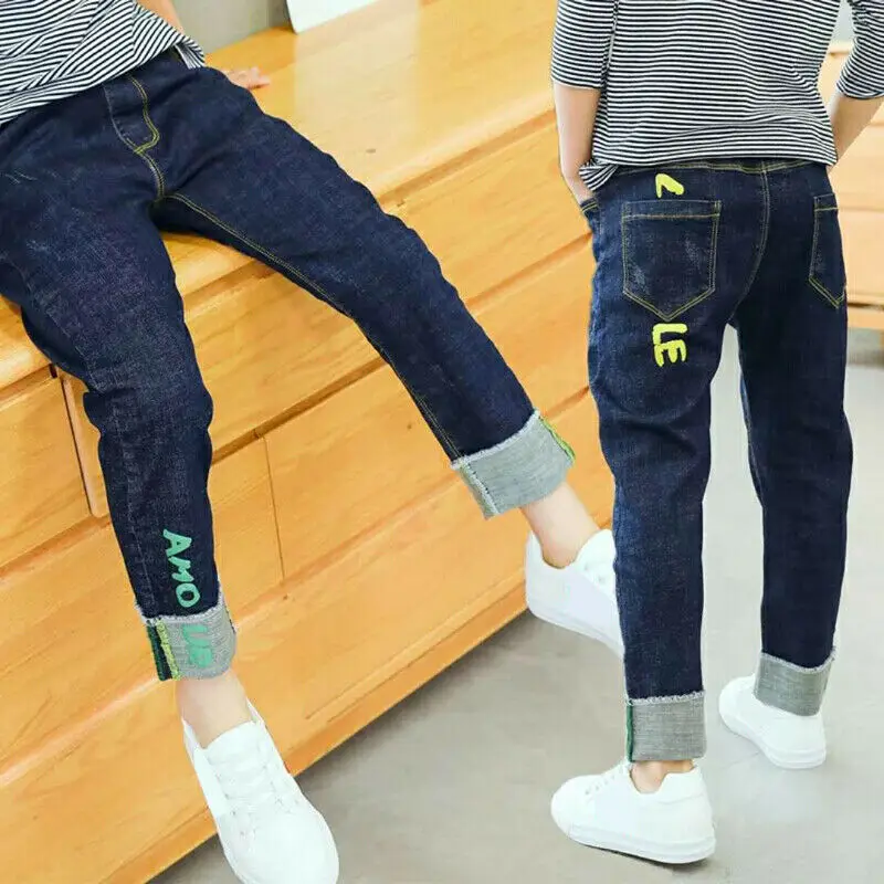 Wholesale Special Custom Funky Track Denim Kids Jeans Embroidery Soft Touch Fit Pants Children Elastic Waist Cool Kids Trousers