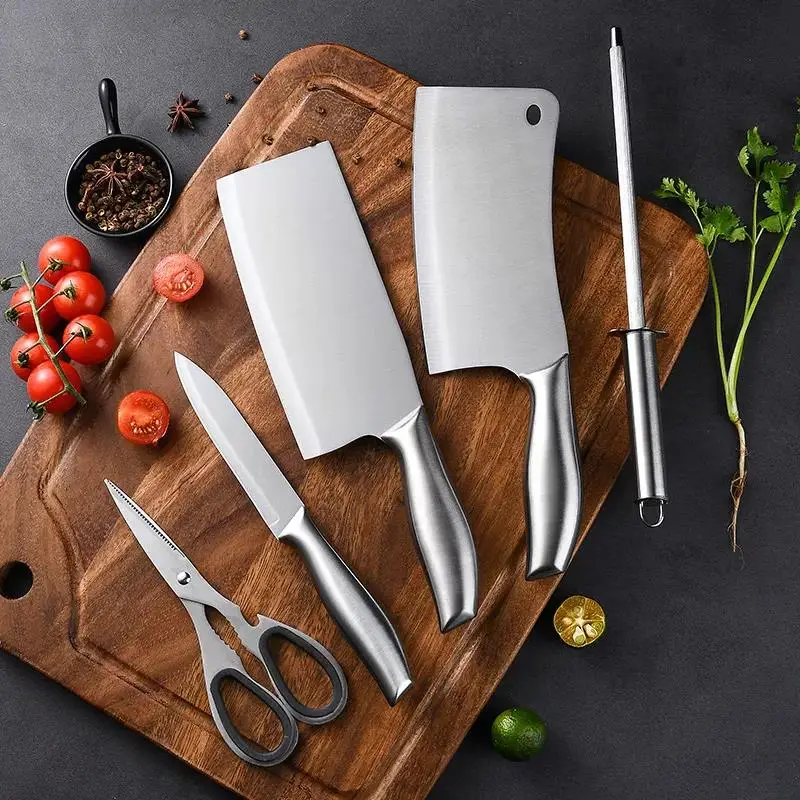 6 Pieces Best Built-in Sharpener Stainless Steel Kitchen Knife Block Sets Pine Wood Block Kitchen Accessories Knife Set