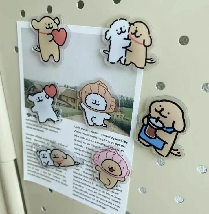Cartoon acrylic love hug puppy refrigerator magnet Korean line hole hole plate magnetic suction door decorative magnet