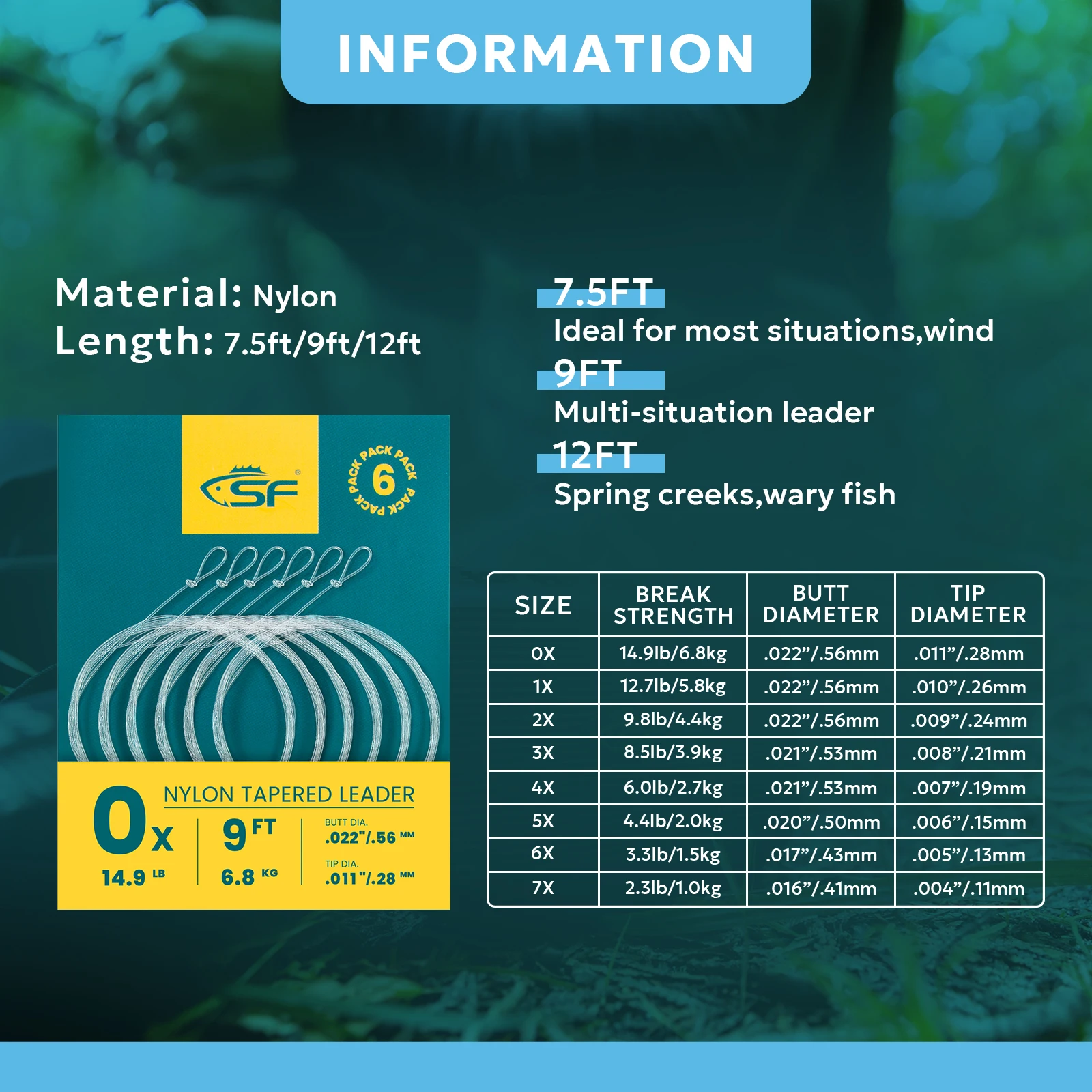 9 FT Nylon Fly Fishing Tapered Leader Line for Fly Fishing with pre-tied loop using in freshwater areas providing custom service