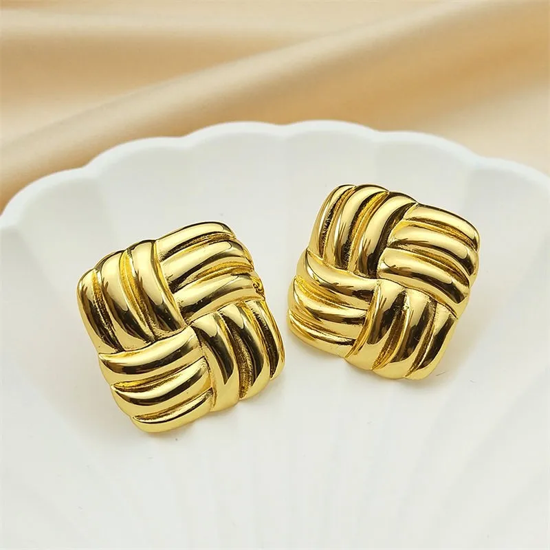OEM Retro Embossed Square Bread Hollow Stainless Steel Gold Tarnish Free Earrings