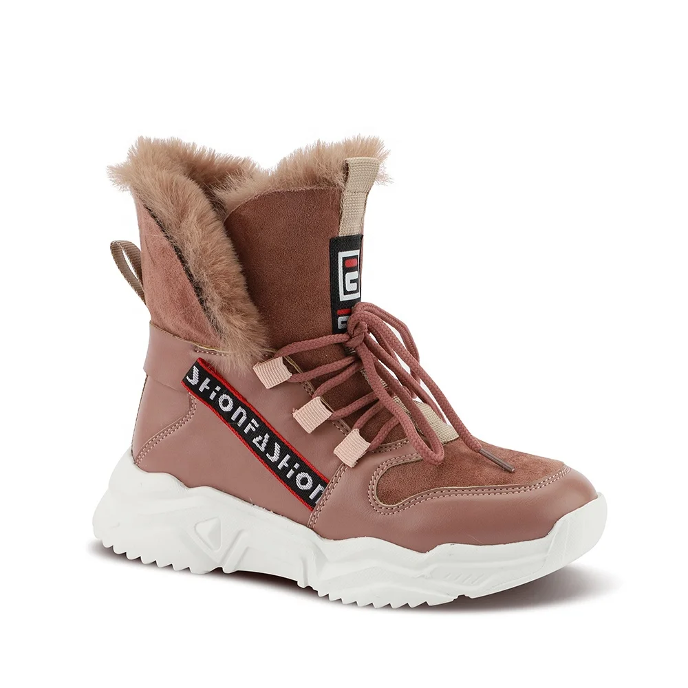 Оптовая продажа, детские зимние модные коричневые меховые ботильоны для девочек