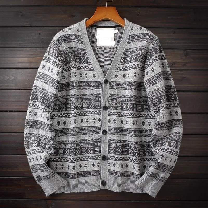 Мужской шерстяной Жаккардовый трикотажный кардиган с V-образным вырезом пуловер леопардовым принтом флисовая толщина ODM поставка