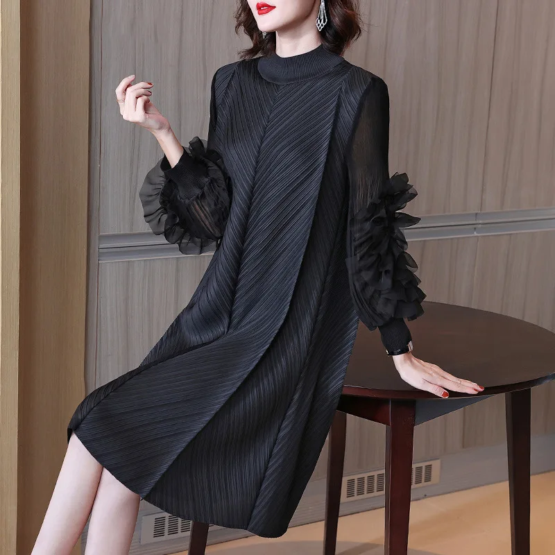 2022 New High Street Pleated Solid Color Spring Summer Party Wedding Women Dress