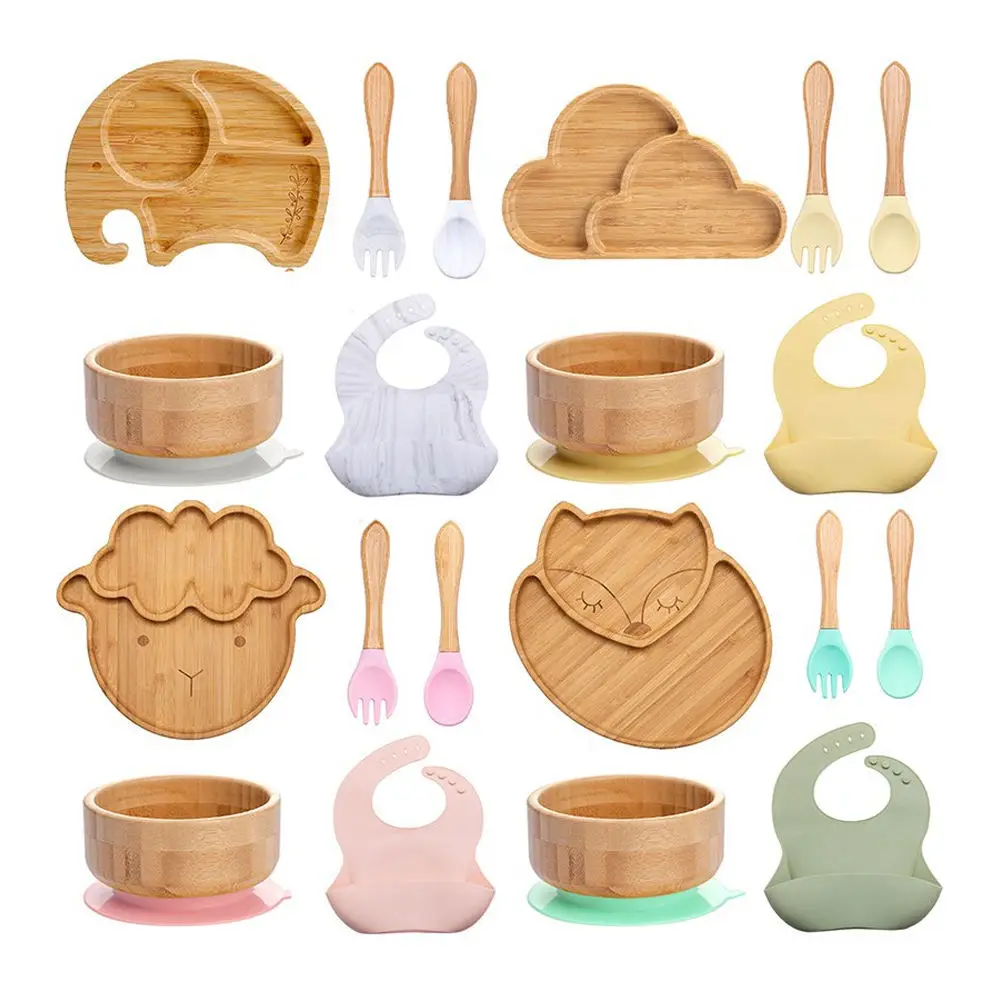Baby Feeding Set Bamboo Baby Feeding Set Erving Platter Plate Trays Spoon Fork Bowl Bib Tableware for Kids