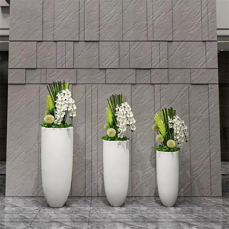 Chinese Home Garden Big Round Shape Fiber Glass Standing Planter White Resin Tall Floor Pots