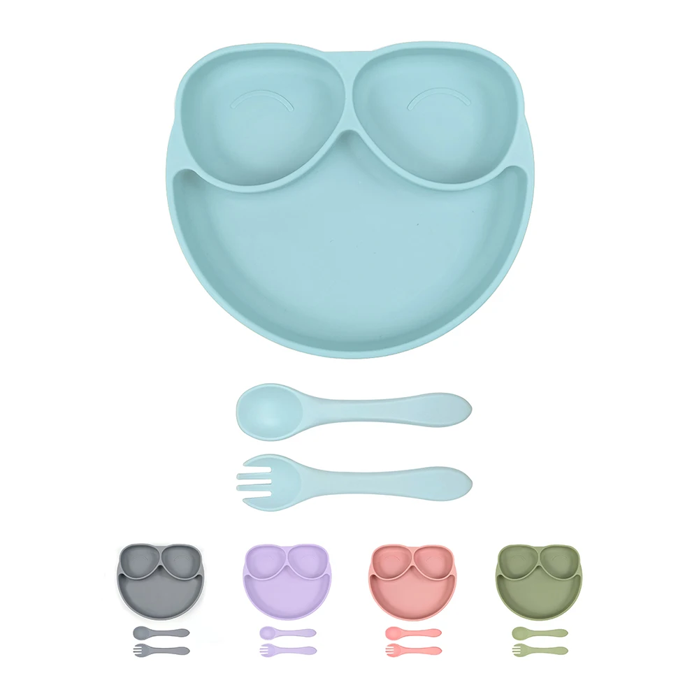 Ready to ship 3Pcs Set Silicone Baby Feeding Tableware  Smile Strong Suction Divider Plate Baby Fork Spoon Dinnerware For Kids