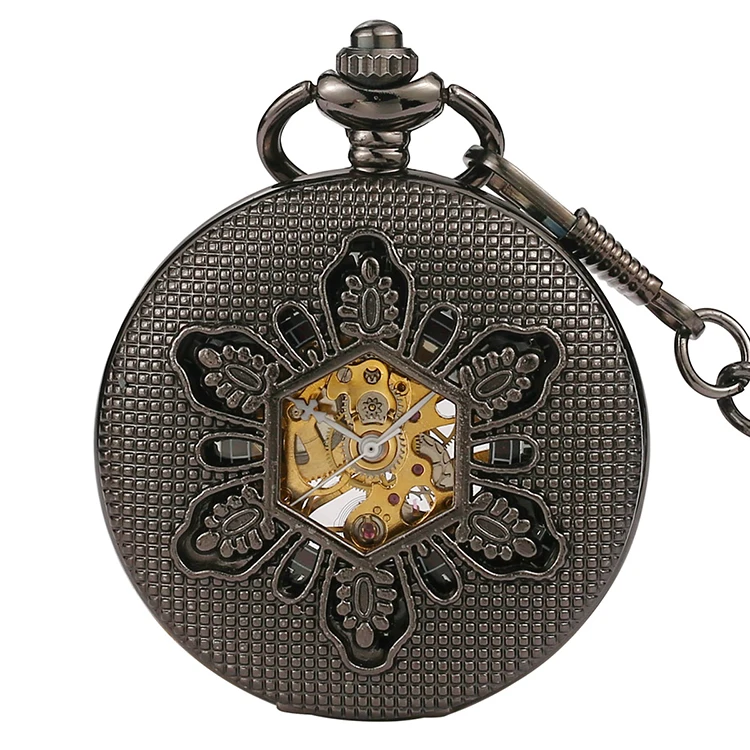 BOSHIYA Brass Hollow Six Leaves Half Hunter Mechanical Pocket Watch with Skeletal Display Roman Numeral Dial