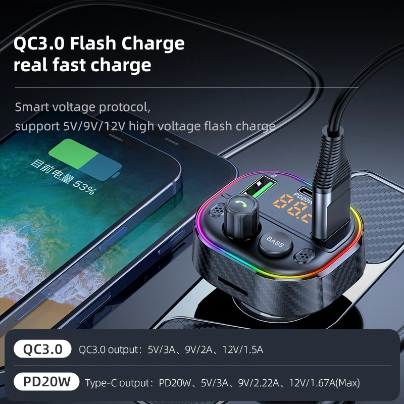 T86M 3 USB Зарядка порт автомобильное зарядное устройство Bluetooth Fm передатчик с Type-C 20 Вт быстрое