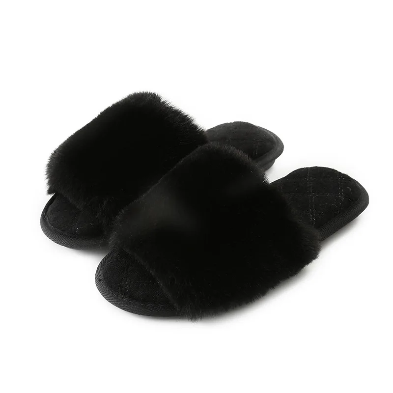 
Winter Home Cozy Women rabbit Fur Slippers Furry Flat Slides Slip On Indoor Non Slip House Shoes Female Slipper Ladies 